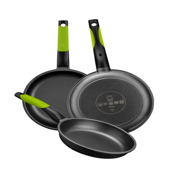 comprar BRA Prior Set de 3 Sartenes, 18-22-26 cm, Aluminio Fundido Antiadherente, con Dos Salvamanteles Safe Verdes, Aptas para Todo Tipo de Cocinas Incluida Induccion