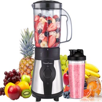 comprar Moulinex Blend&Go, Batidora de vaso de 300 W, con jarra de 1,3 L y botella de plastico de 750 ml, 4 cuchillas extraibles, acabado acero inoxidable, LM1B1D