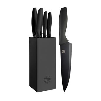 comprar MasterChef Juego de Cuchillos de Cocina con Soporte Taco Universal con Set para Pan, Cebollero, Chef, Carne y Pelar, en Acero Inoxidable, 5 Piezas, Negro, Stainless Steel, Negro, Tacto Suave